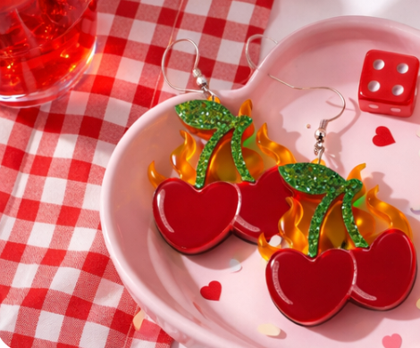 Cherry Flame Acrylic Dangle Earrings – Statement Retro Fruit Jewellery