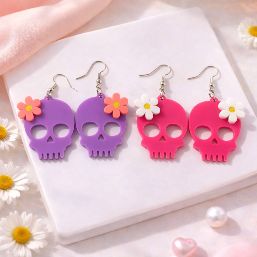 Skull Flower Drop Earrings – Statement Acrylic Jewellery