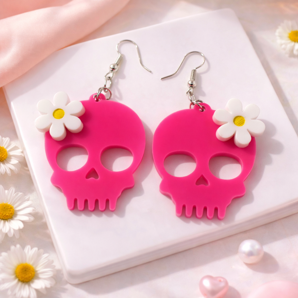 Skull Flower Drop Earrings – Statement Acrylic Jewellery