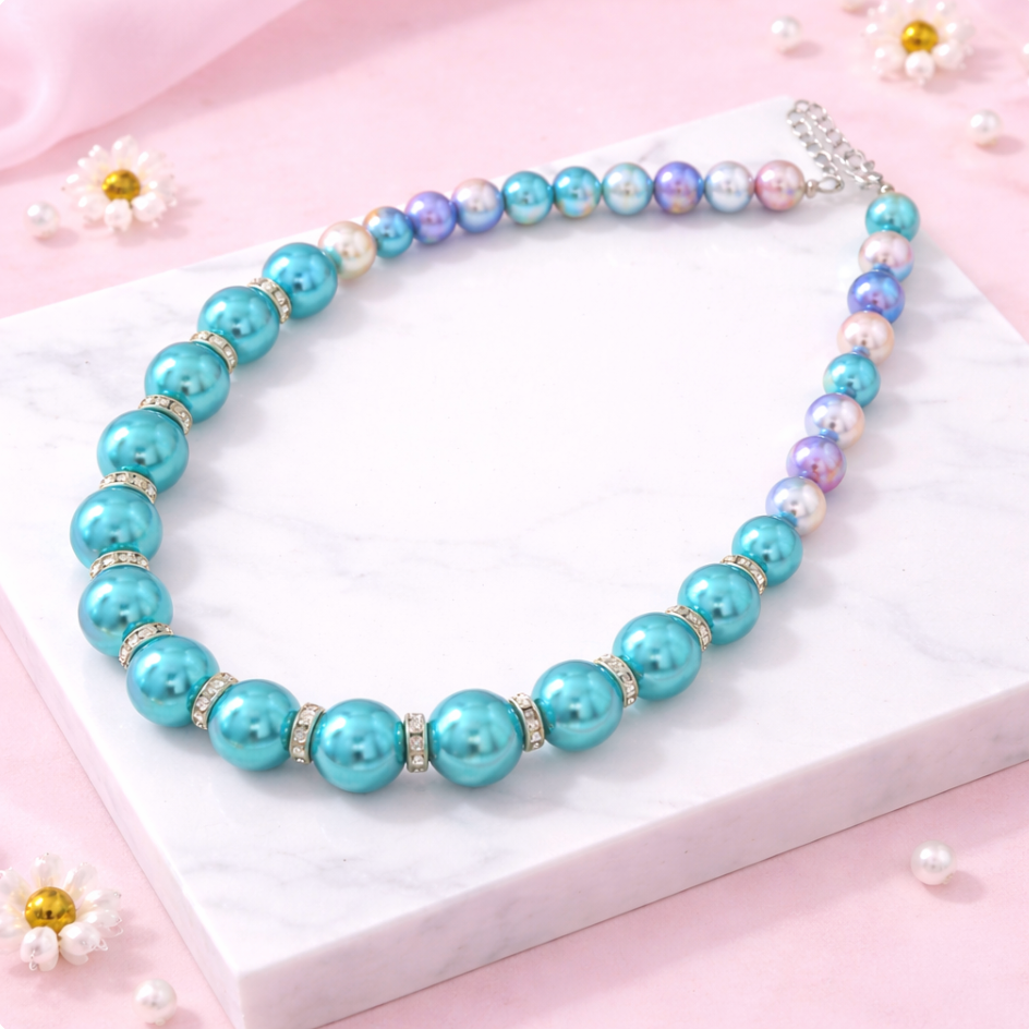 Pastel Pearl Beaded Necklace – Turquoise & Iridescent Tones