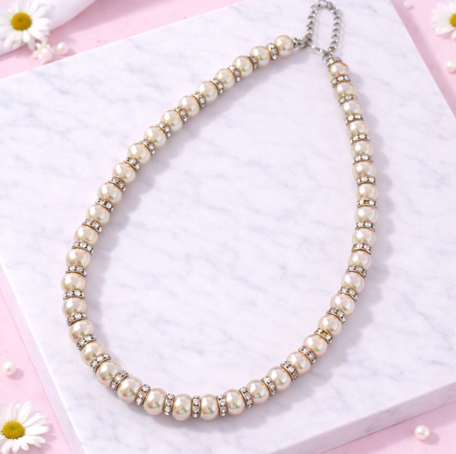Handmade Faux pearl beaded necklace with adjustable length on pink marble background

