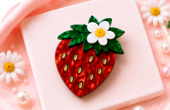 Strawberry Blossom Brooch | Fruit Brooch | Handmade Acrylic Pin