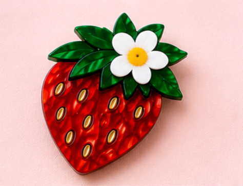Strawberry Blossom Brooch | Fruit Brooch | Handmade Acrylic Pin
