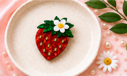 Strawberry Blossom Brooch | Fruit Brooch | Handmade Acrylic Pin