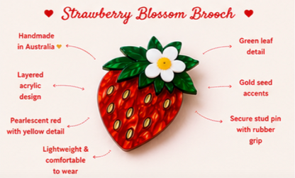 Strawberry Blossom Brooch | Fruit Brooch | Handmade Acrylic Pin