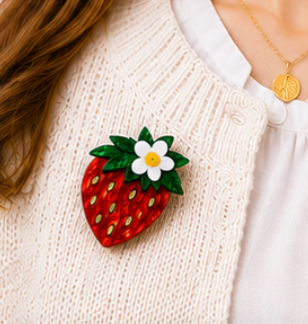 Strawberry Blossom Brooch | Fruit Brooch | Handmade Acrylic Pin