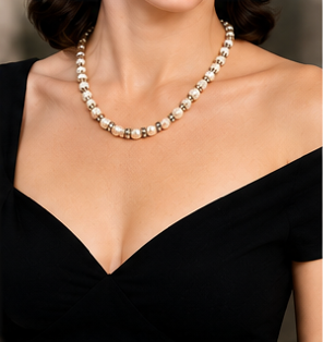 Faux Classic Pearl Statement Necklace | Vintage Inspired Pearl Bead Necklace | Retro Glam Handmade Necklaceearl & Rhinestone Beaded Necklace – Handmade Adjustable Necklace