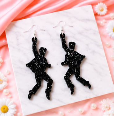 Dancing Man Dangle Earrings | Retro Rock 'n' Roll Earrings | Black Glitter Acrylic Statement Earrings | Handmade Australian Jewellery