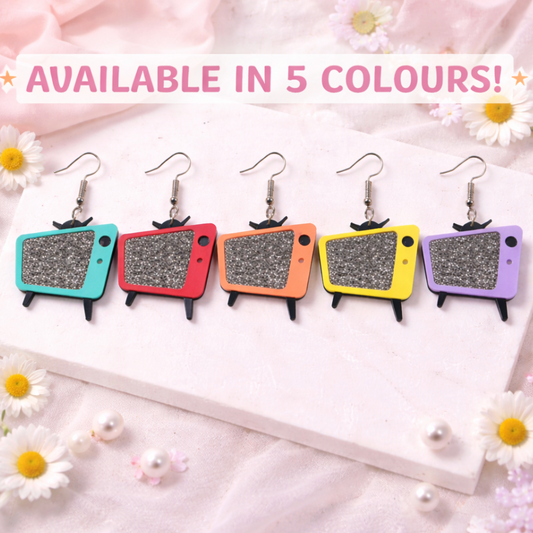 Retro TV Acrylic Earrings – Glitter Screen Statement Jewellery-Various Colours