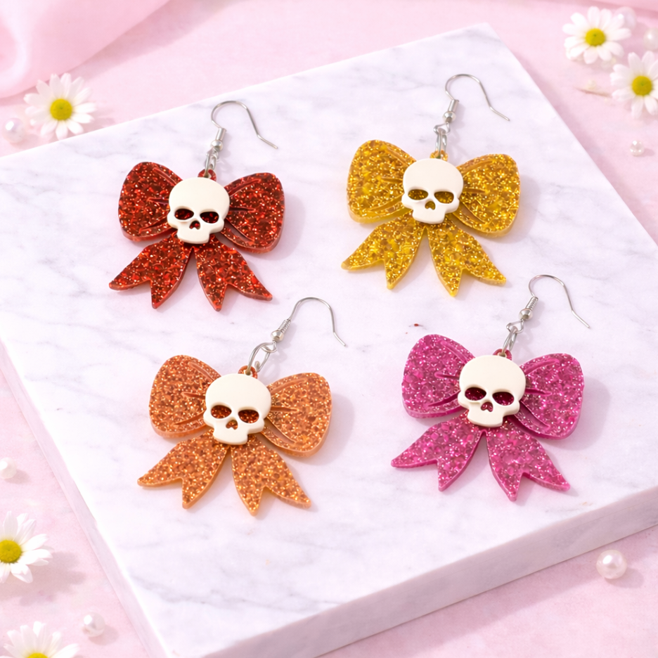 Glitter Skull Bow Drop Earrings – Retro Gothic Statement Acrylic Earrings