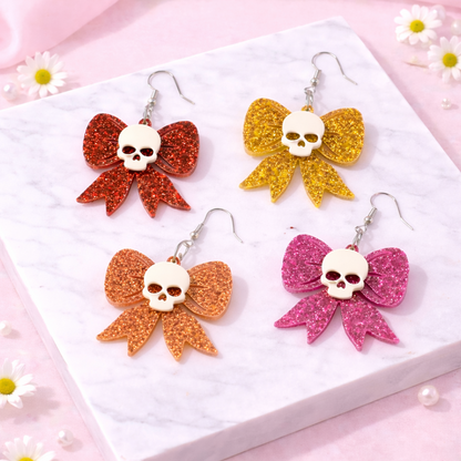 Glitter Skull Bow Drop Earrings – Retro Gothic Statement Acrylic Earrings