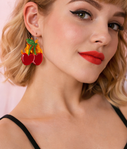 Cherry Flame Acrylic Dangle Earrings – Statement Retro  Fruit Jewellery