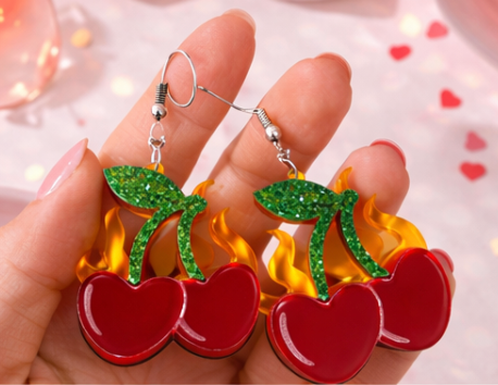 Cherry Flame Acrylic Dangle Earrings – Statement Retro  Fruit Jewellery